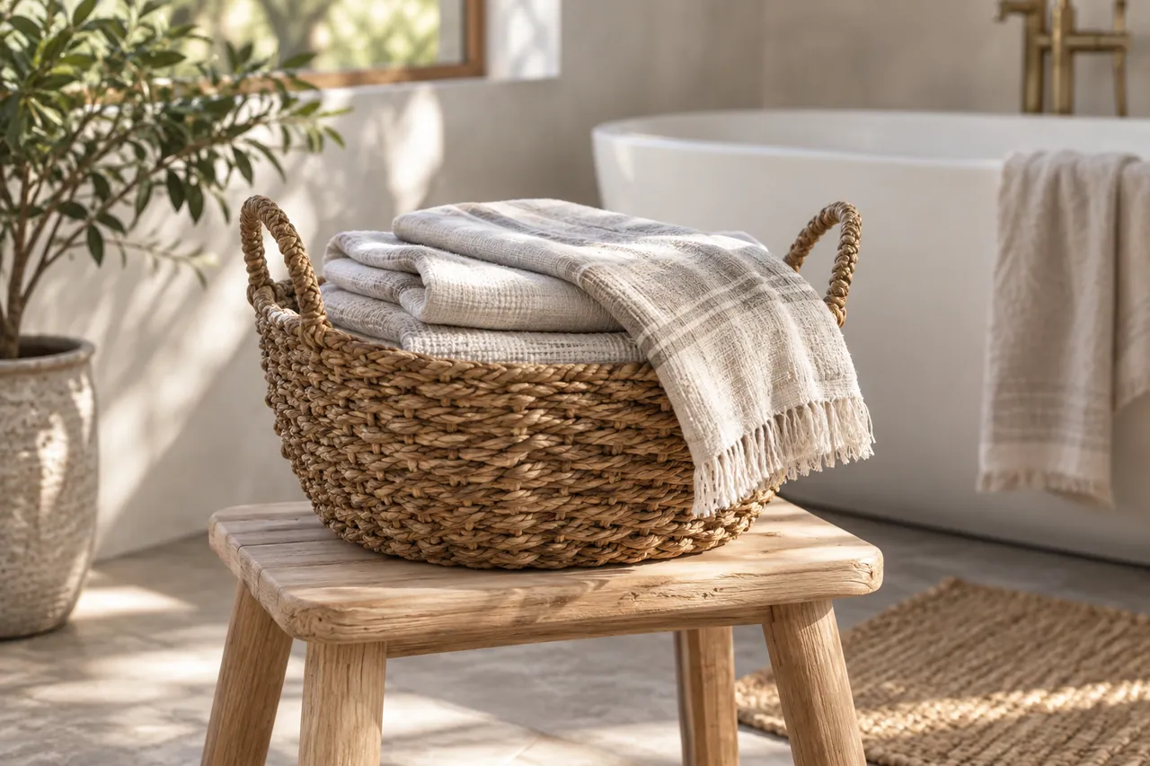 A handwoven seagrass basket holding folded natural linen towels on a pale wooden bathroom stool.
