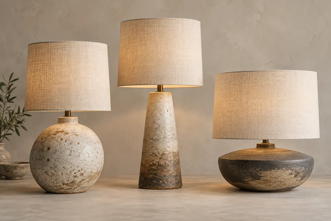 Three distinct handmade ceramic table lamp concepts with plain linen shades.